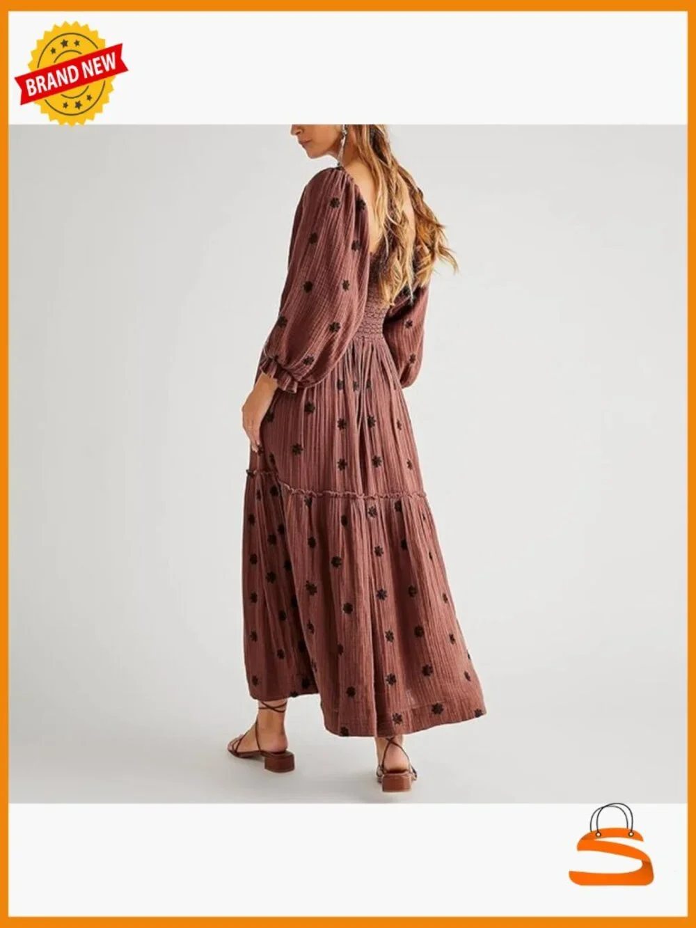 Women Flor Embroidered Maxi Dress Puff Sleeve Square Neck Boho Dress Pocket - Picture 3 of 4